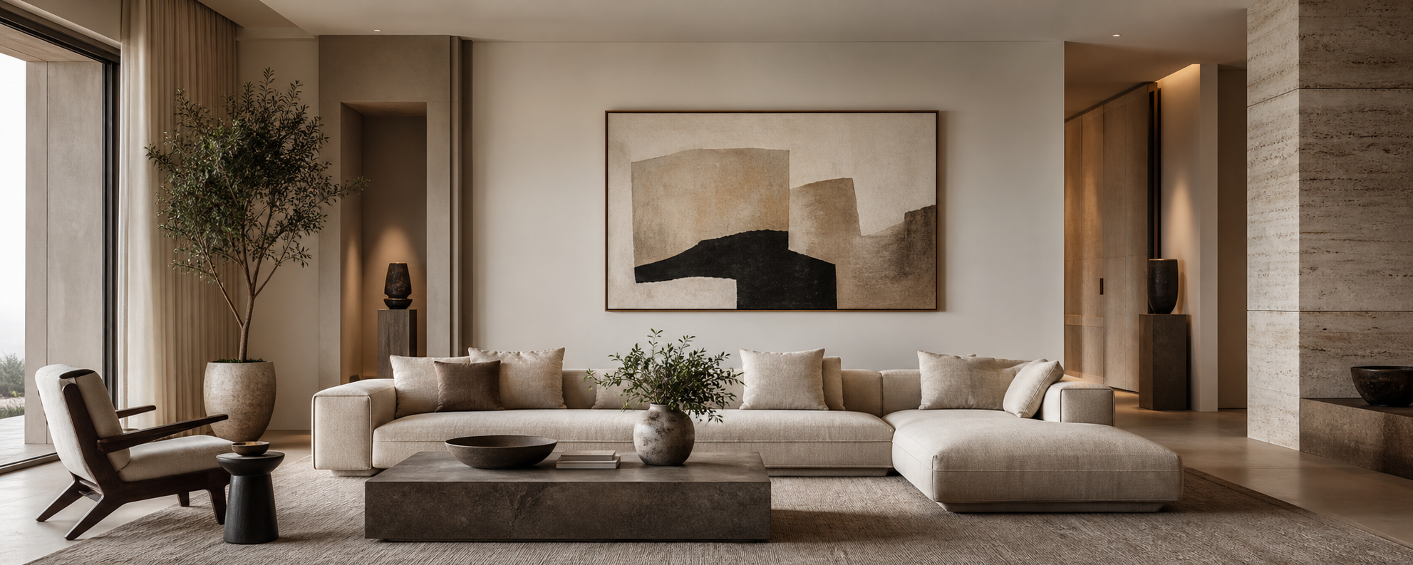 Calm living room with a large abstract artwork above a sectional sofa, used as the planning guide image.